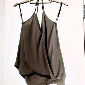 Chiffon V-neck, low back halter in slate grey.